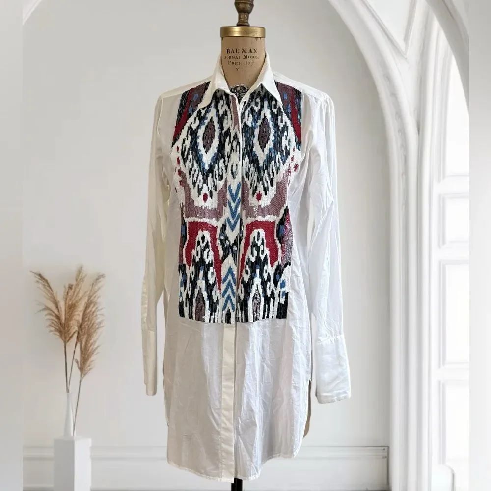 Figue Colorful Sequined White 3/4 Sleeve Tuxedo bib Shirt Size Small